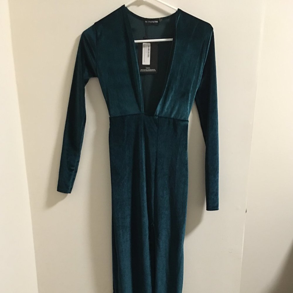 Emerald Green Velvet Plunge Maxi Dress with Slit